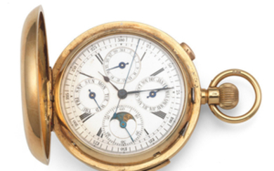 An 18K gold keyless wind quarter repeating full hunter pocket watch with moon phase