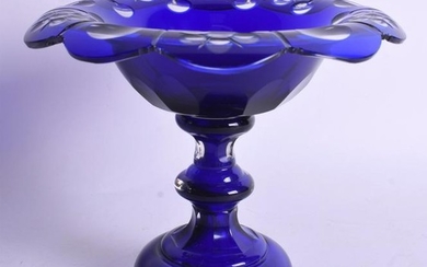 A BOHEMIAN BLUE FLASH GLASS PEDESTAL DISH. 15 cm high.