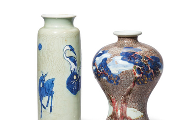 A CELADON-GROUND BLUE AND WHITE ‘DEER AND CRANE’ VASE AND A CELADON-GROUND UNDERGLAZE-BLUE AND COPPER-RED ‘DEER AND CRANE’ VASE, MEIPING, QING DYNASTY, 17TH-18TH CENTURY