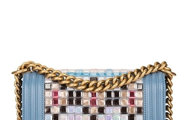 Chanel Blue Metiérs d'Art Mosaic Embroidered Small Boy Bag of Lambskin Leather with Antiqued Gold Tone Hardware