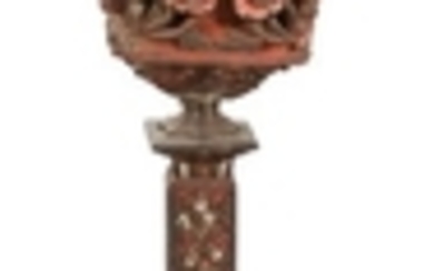 A Chinese Carved and Polychromed Wood Torchere