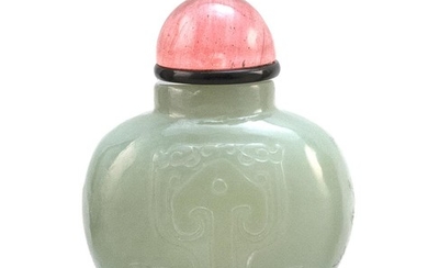 CHINESE CELADON JADE SNUFF BOTTLE In ovoid form, with relief dragon carving. Height 2". Rose quartz stopper.