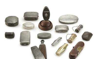 Collection of sixteen pewter, steel, brass, and iron