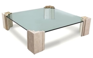 A Contemporary Tesselated Stone and Brass Glass Top Coffee Table