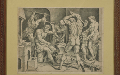CORNELIS BOS (1506- vers 1564) D’APRES MARTIN VAN HEEMSKERCK (1498-1574), Venus et Cupidon dans la forge de Vulcain
