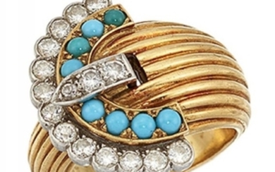 A diamond and turquoise buckle ring, with...