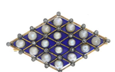An early 20th century gold enamel, diamond and seed pearl brooch.