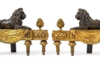 * A Pair of French Gilt and Patinated Bronze Chenets