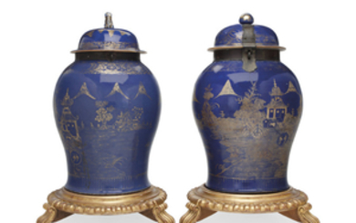 A LARGE PAIR OF CHINESE EXPORT GILT-DECORATED BLUE GROUND BALUSTER JARS AND COVERS, 18TH/19TH CENTURY