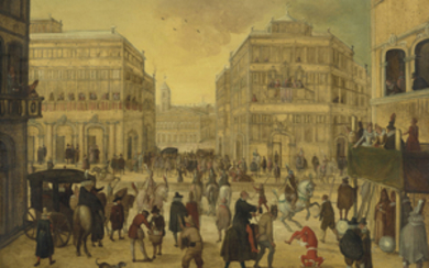LOUIS DE CAULLERY (CAMBRAI VERS 1580 - 1621 ANVERS), Saltimbanques dans une ville italienne un jour de carnaval et tournoi