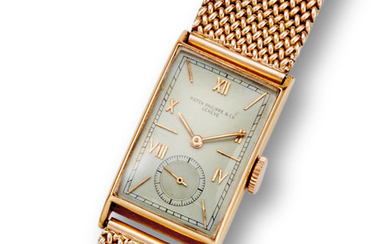 Patek Philippe. An 18K rose gold rectangular wristwatch and a 14K rose gold bracelet