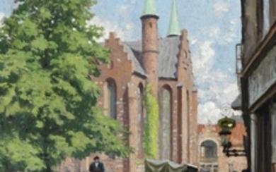 Paul Fischer: A summer day in Skolegade in Aarhus with the Cathedral in the background. Signed Paul Fischer. Oil on panel. 40 x 32 cm.