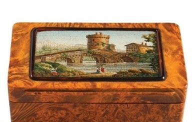 Root wood tobacco tin with a micromosaic plaque