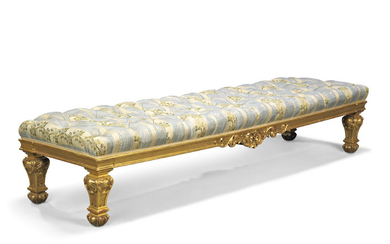 A ROYAL EARLY- VICTORIAN GILTWOOD LONG STOOL, BY JOHNSTONE & JEANES, CIRCA 1850
