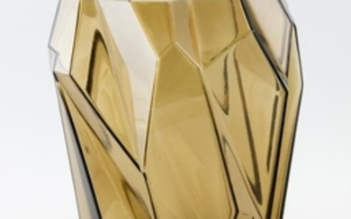 RUBA ROMBIC SMOKY TOPAZ GLASS VASE Reuben Haley for Consolidated Lamp & Glass Company. Height 9.25".