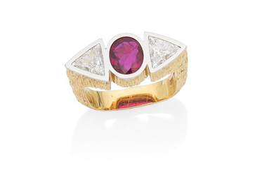 A ruby and diamond three-stone ring,, by Grima, circa 1981