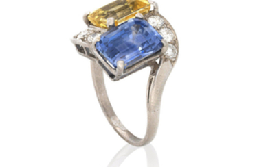 SAPPHIRE, COLORED SAPPHIRE AND DIAMOND RING WITH GIA REPORTS