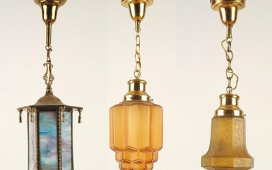 THREE BRASS GLASS LIGHTING FIXTURES C.1900-1920