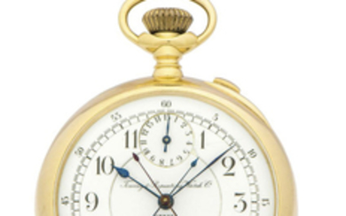 TIMING & REPEATING WATCH SPLIT SECOND CHRONOGRAPH YELLOW GOLD A fine and rare manual-winding 14K yellow gold pocket watch with split second chronograph.