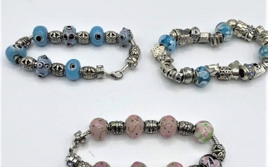 3 Assorted Murano Art Glass Beads Silver Tone Bracelets