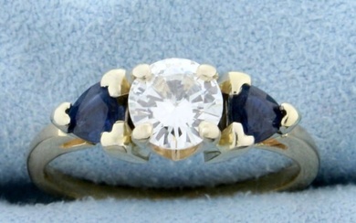 3 Stone Diamond and Sapphire Engagement Ring in 14K Yellow Gold