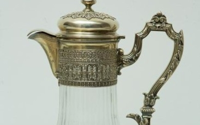 19th C French Cut Glass Ewer with Silver Mounts