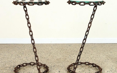 PAIR CIRCULAR CHAIN LINK END TABLES GLASS TOPS