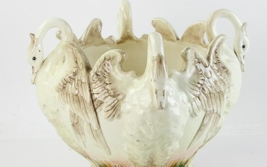 Delphin Massier Porcelain Swan Jardiniere