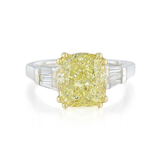 4.07-Carat Cushion-Shaped Fancy Yellow Diamond Ring, GIA Certified