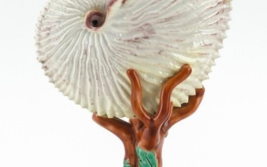 ROYAL WORCESTER MAJOLICA NAUTILUS SHELL ORNAMENT Shell supported by a coral branch on a base with various seashells. Impressed mark....