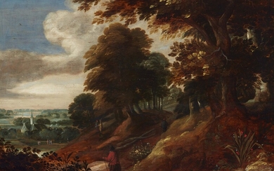 Flemish School 17th century - Wooded Landscape with Travellers and a Church