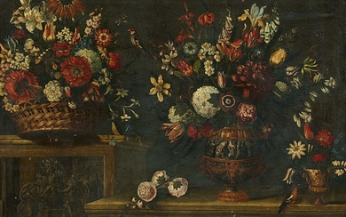 Master of the grotesque vase - Still Life with a Basket of Flowers and One Large and One Smaller Vase