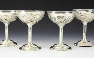 4pc Sterling Silver Overlay on Glass Compotes Vintage Hand Chased Foliate Design