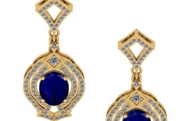 6.20 Ctw VS/SI1 Blue Sapphire And Diamond 14K Yellow Gold Dangling Earrings (ALL DIAMOND ARE LAB