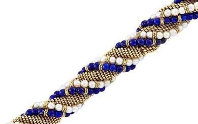 Twisted Gold, Lapis Bead and Cultured Pearl Bracelet, Cartier