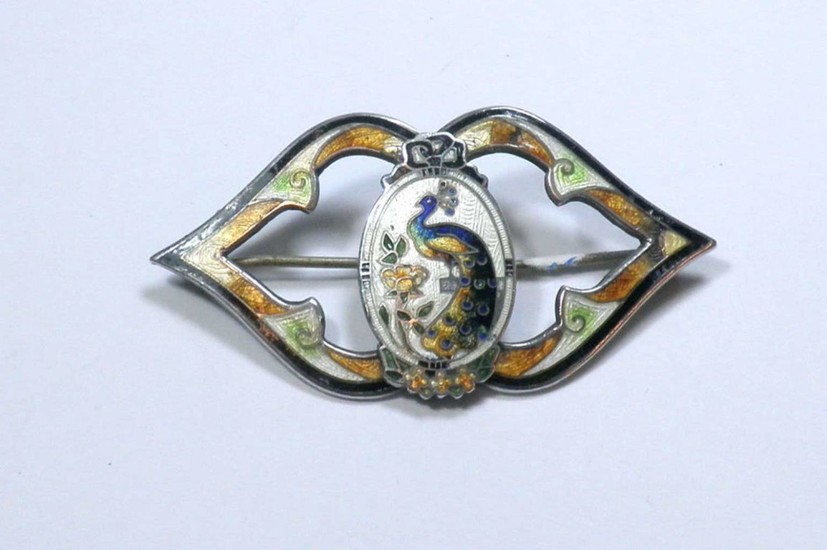 925 sterling silver pin with enamel work of a peacock