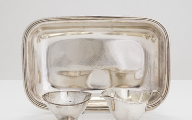 A 1950s sterling silver dish by Just Andersen, Denmark, and cream jug and sugar bowl, silver, Tillander, Helsinki 1955.