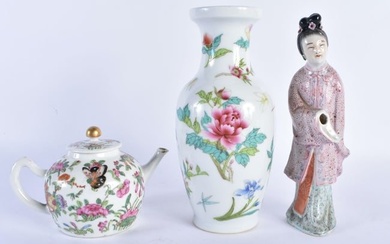 A 19TH CENTURY CHINESE CANTON FAMILLE ROSE TEAPOT AND COVER Qing, together with a famille rose vase