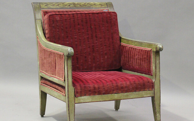A 19th century Swedish green painted scroll armchair with foliate decoration, upholstered in red vel