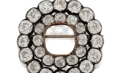 A 19th century diamond brooch, centre stone deficient, in the form of an oval panel with central row and larger outer row of old-mine-cut diamonds, in gold and silver mount, c.1860, later brooch fitting, approx. width 3.2cm (VAT charged on hammer...