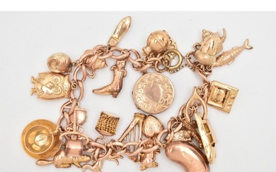 A 9CT GOLD CHARM BRACELET, rose gold curb link bracelet, eac...