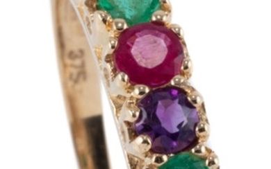 A 9CT GOLD GEMSET DEAREST RING; set across the top with round cut diamond, emeralds, amethyst, ruby, sapphire and tourmaline, size O...