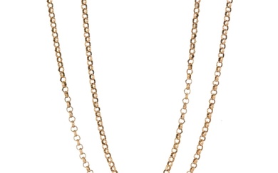 A 9ct gold longuard chain necklace, with bolt ring clasp, le...