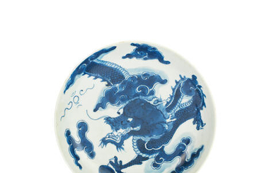 A BLUE AND WHITE 'DRAGON' SAUCER DISH