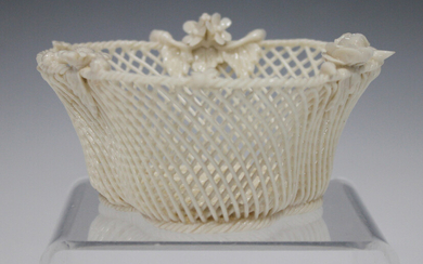A Belleek three-strand Shamrock basket, late 19th/early 20th century, applied with different flowers