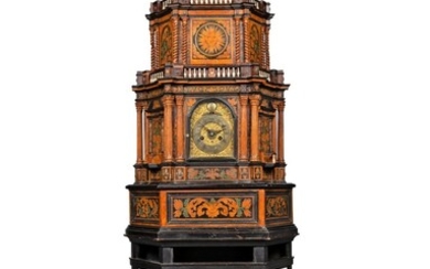 A CENTRAL ITALIAN MARQUETRY, EBONISED, PAINTED WOOD, BURR-WALNUT AND FRUITWOOD STRIKING TABLE CLOCK CABINET WITH ALARM, MID-18TH CENTURY, THE MOVEMENT SIGNED FRANCESCO GRASSO AND DATED 1758