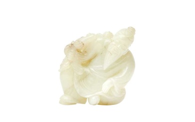 A CHINESE CELADON JADE CARVING OF A MAN AND CHILD 晚清 玉雕老人童子