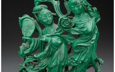 A Chinese Malachite Figural Group with a Fitted