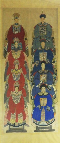 A Chinese ancestor portrait, late 19th century, colour and ink on paper with silk mount, depicting eight ancestors in court robes seated on armchairs,180 x 89.5cm