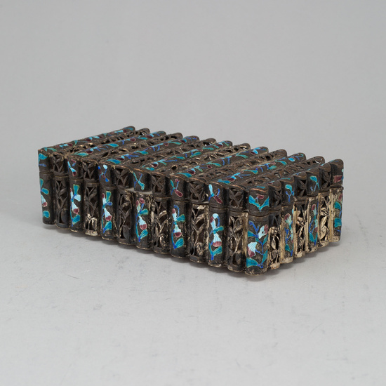 A Chinese copper plated with silver and alpaca and enamelled box with cover, 20th century.